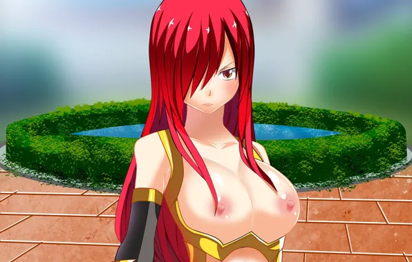 Red, girl, game, armor, red hair, nipples, boobs, woman