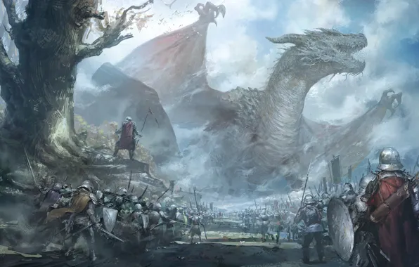 Картинка оружие, дракон, крылья, фэнтези, арт, воины