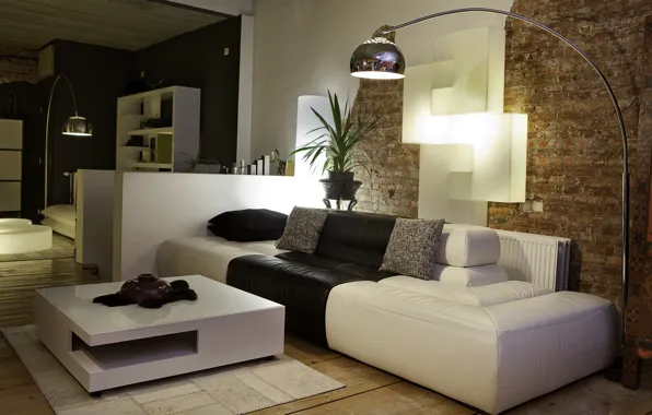 Картинка дизайн, стиль, комната, диван, черно-белый, лампа, интерьер, квартира