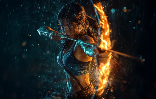 Картинка fire, girl, fighter, rain, night, bokeh, drops, Lara Croft