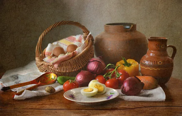 Стол, корзина, яйцо, огурец, лук, тарелка, посуда, перец