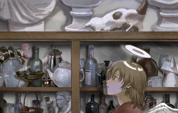 Девушка, цветы, череп, ангел, фэнтези, Rakka, Haibane Renmei