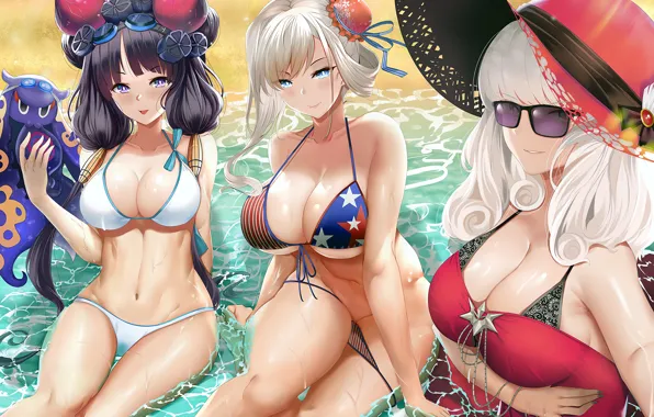Sexy, cleavage, beach, long hair, sea, girls, hat, boobs