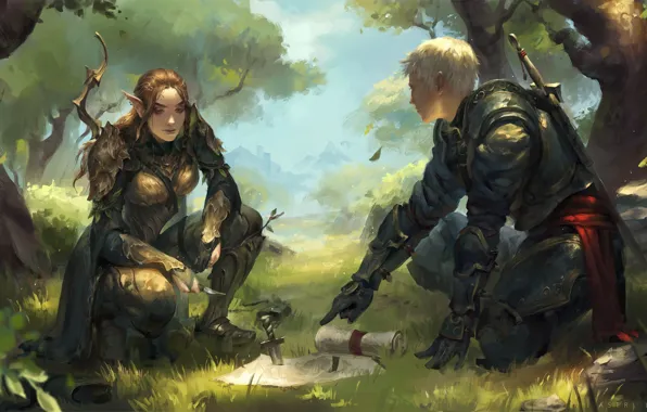 Картинка girl, sword, fantasy, forest, armor, trees, boy, map
