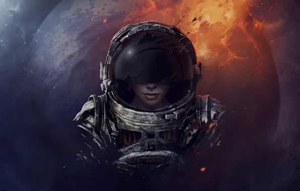 Девушка, космос, планета, шлем, астронавт
