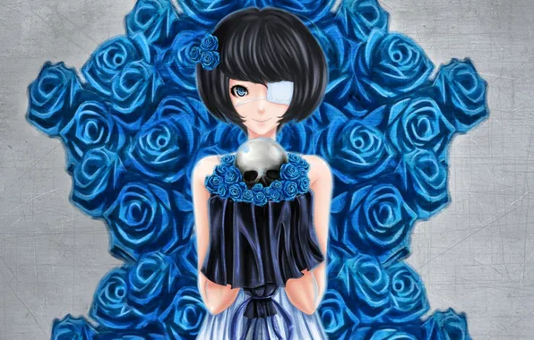 Картинка девушка, фон, череп, розы, арт, повязка, синие