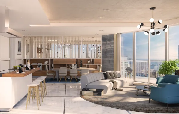 Интерьер, кухня, мегаполис, гостиная, люкс, столовая, Brickell, Fatiron