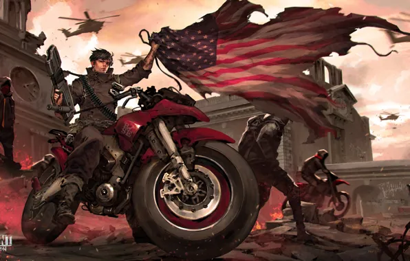 Картинка город, флаг, солдат, мотоцикл, байк, революция, Homefront: The Revolution