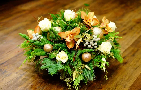 Украшения, цветы, ель, Новый год, Розы, орхидеи, New Year, композиция