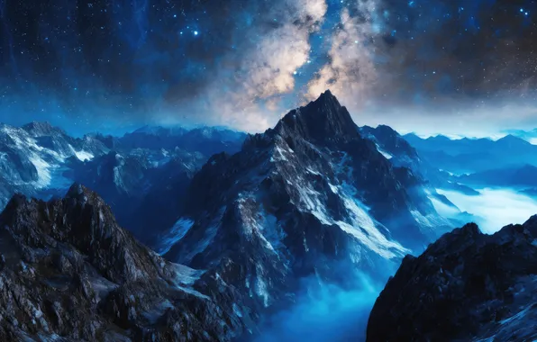 Картинка sky, night, mountains, stars, valley, artwork, concept art, far view