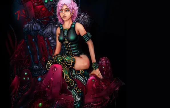 Картинка девушка, металл, темный фон, робот, розовые волосы