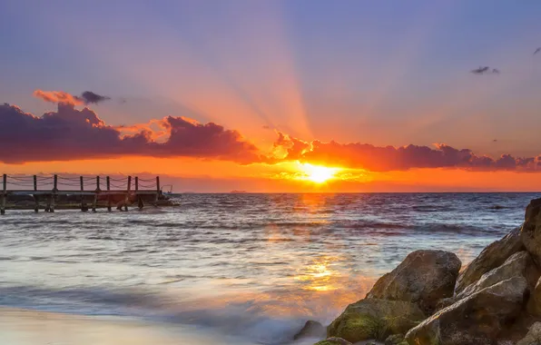 Картинка пляж, солнце, рассвет, утро, пирс, Карибский бассейн