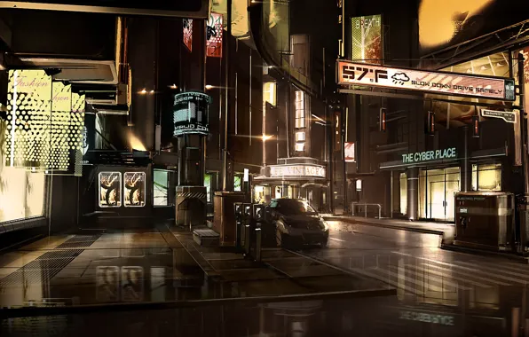 Картинка улица, киберпанк, Square enix, Деус Экс, Deus Ex Human revolution, детройт, detroit