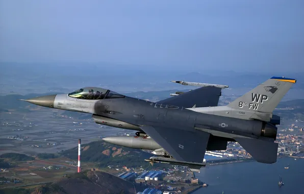 Картинка полет, город, F-16
