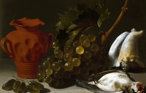 Картинка картина, виноград, ваза, Натюрморт с Убитой Птицей, Juan Bautista de Espinosa