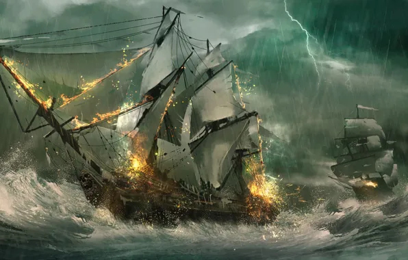 Картинка море, волны, шторм, молния, корабли, парусники, фрегаты, морской бой