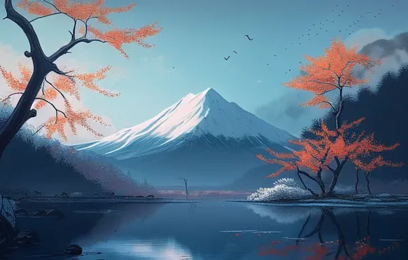 Осень, снег, деревья, птицы, озеро, гора, trees, autumn