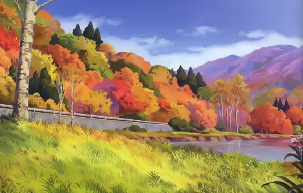 Небо, трава, горы, озеро, Япония, краски осени, лесистые холмы, by Kusanagi
