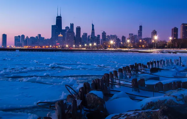 Картинка зима, ночь, город, chicago