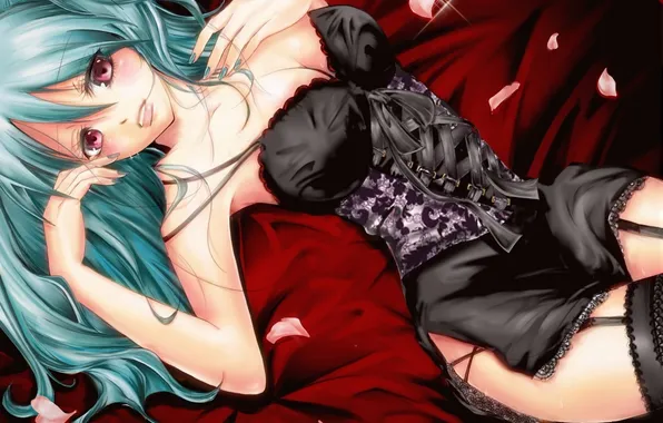 Девушка, лепестки, vocaloid, hatsune miku, вокалоид, лежа