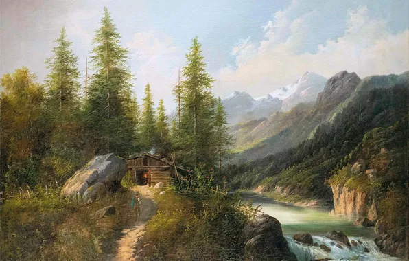 Горы, Деревья, Река, Картина, Хижина, Мужчина, Австрийский художник-пейзажист, Эдуард Бем