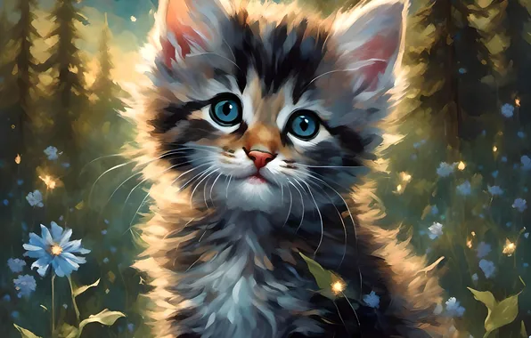 Кошка, взгляд, котенок, мордашка, ИИ-арт, нейросеть