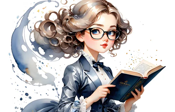 Очки, девочка, белый фон, книга, кляксы, форма, живопись, ученица