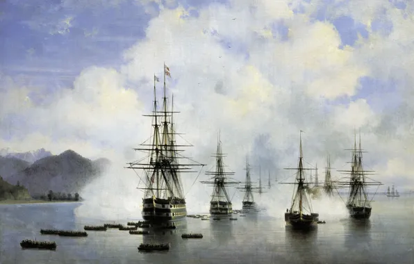 Масло, корабли, картина, холст, морской пейзаж, Иван Айвазовский, Десант Н.Н.Раевского у Субаши