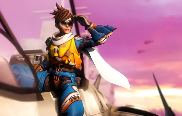 Девушка, самолет, очки, костюм, Overwatch, tracer, lena oxton