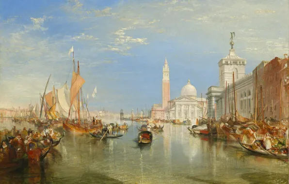 Море, башня, дома, картина, лодки, Венеция, собор, Venice