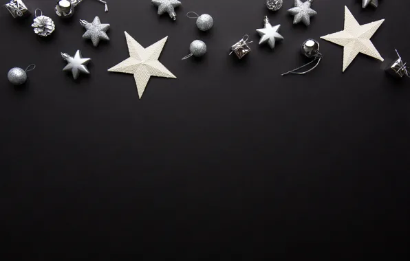 Картинка украшения, шары, Новый Год, Рождество, silver, черный фон, black, Christmas