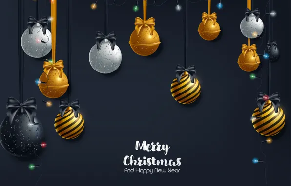 Картинка украшения, золото, шары, Новый Год, Рождество, golden, черный фон, Christmas