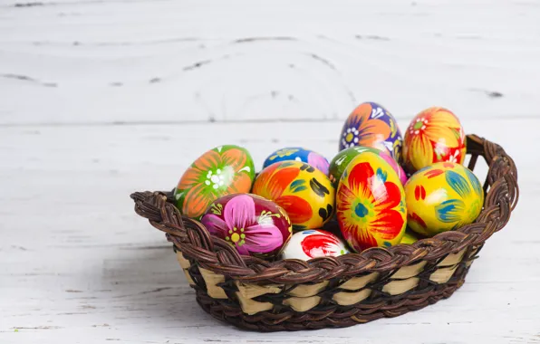 Картинка корзина, весна, colorful, Пасха, wood, spring, Easter, eggs