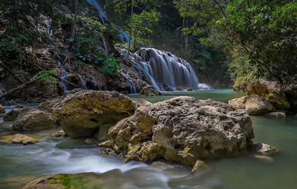 Лес, камни, водопад
