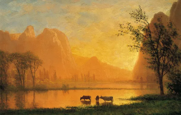 Картинка пейзаж, горы, озеро, картина, Закат в Йосемити, Альберт Бирштадт