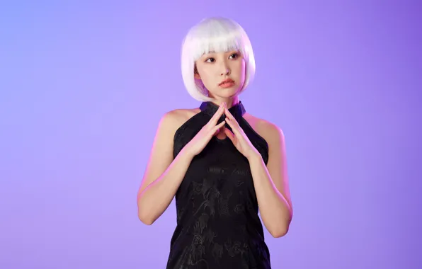 Азиатка, черное платье, жест, белые волосы, brown eyes, карие глаза, asian, милая девушка