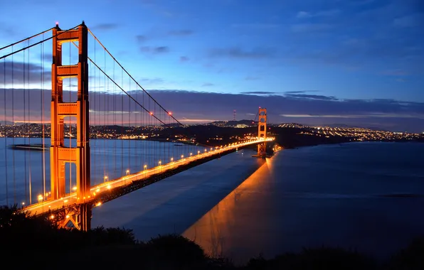 Картинка мост, пролив, вечер, освещение, Калифорния, Сан-Франциско, Золотые Ворота, USA
