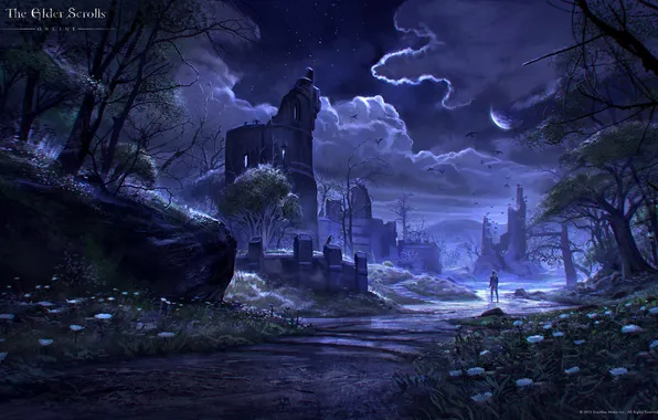 Картинка ночь, река, ручей, человек, башня, руины, The Elder Scrolls Online