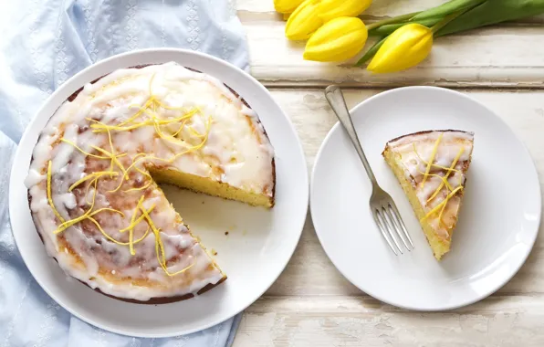 Букет, тюльпаны, крем, десерт, лимоны, кусок, цедра, лимонный пирог