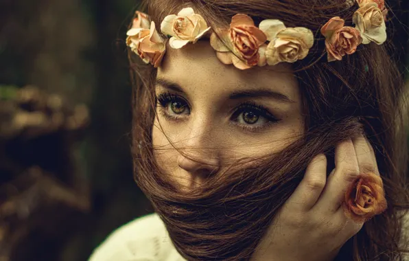 Картинка глаза, взгляд, девушка, цветы, природа, лицо, фон, настроение