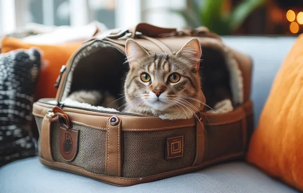 Кошка, кот, взгляд, поза, серый, диван, лежит, чемодан