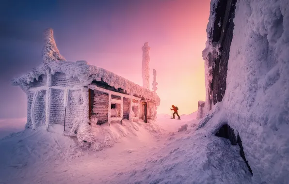 Картинка зима, снег, природа, человек, домик, лыжник, Краси Матаров, Красимир Матаров