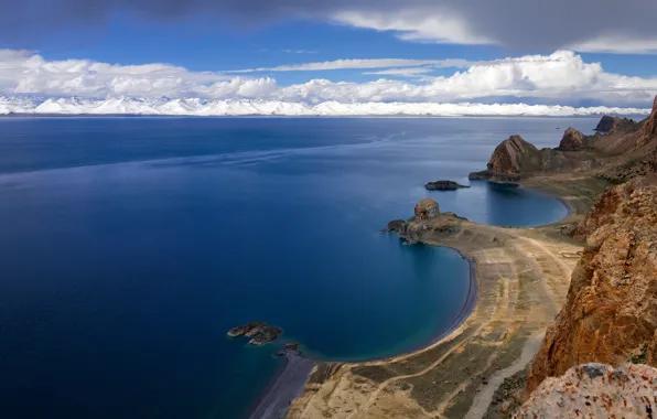 Картинка море, горы, скалы, берег, снежные, горный хребет