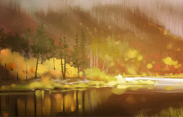 Картинка осень, лес, деревья, река, арт