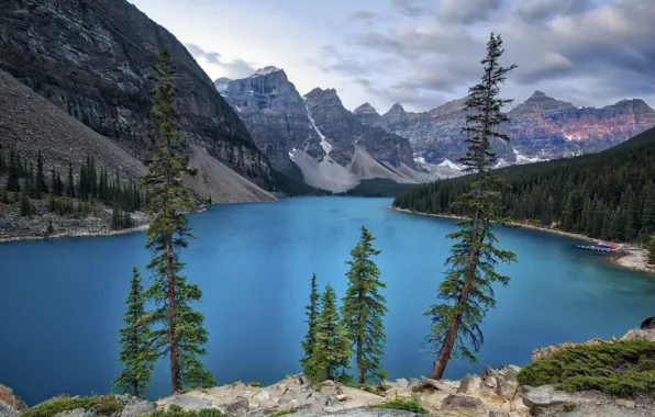 Деревья, горы, озеро, Природа, Канада, Альберта, Национальный парк Банф, озеро Морейн