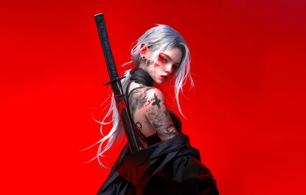 Girl, sword, fantasy, minimalism, blue eyes, katana, digital art, artwork
