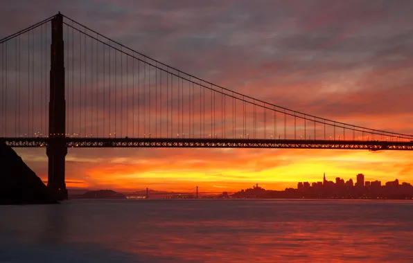 Солнце, мост, город, Сан-Франциско, Золотые ворота, USA, США, Golden Gate Bridge
