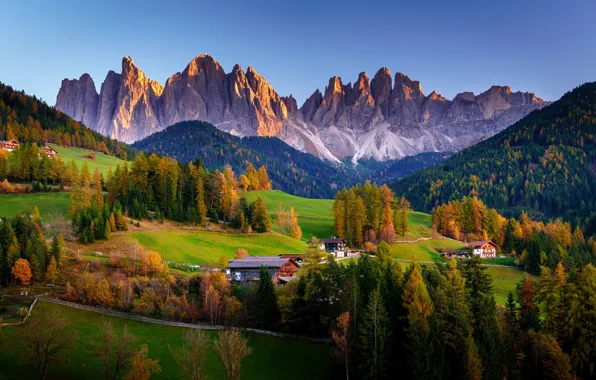 Осень, лес, природа, скалы, дома, долина, Италия, Italy