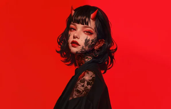 Girl, Tattoo, Horn, Anime Girl, AI Generated