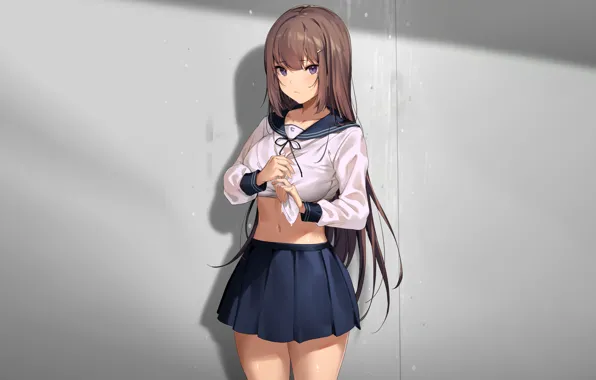 Girl, sexy, wet, school uniform, long hair, brown hair, anime, beautiful